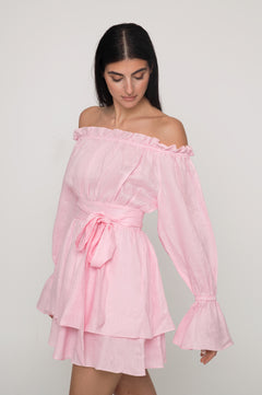 Pink linen dress, premium resort wear, rosa linneklänning Off shoulders 
