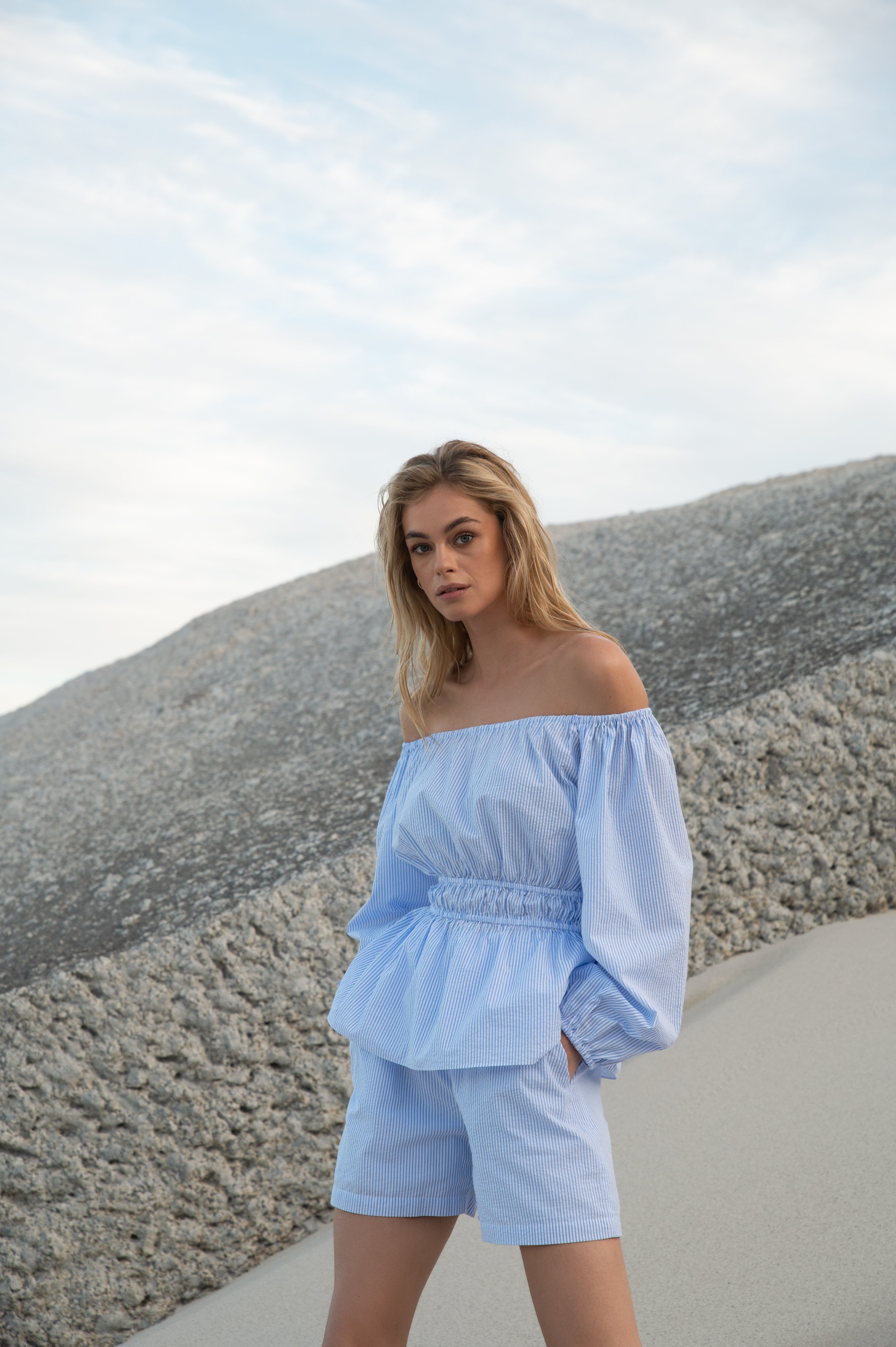 Blue and white stripe set, striped shorts. striped top, off shoulder top, premium resort wear, summer set, summer top, beach set