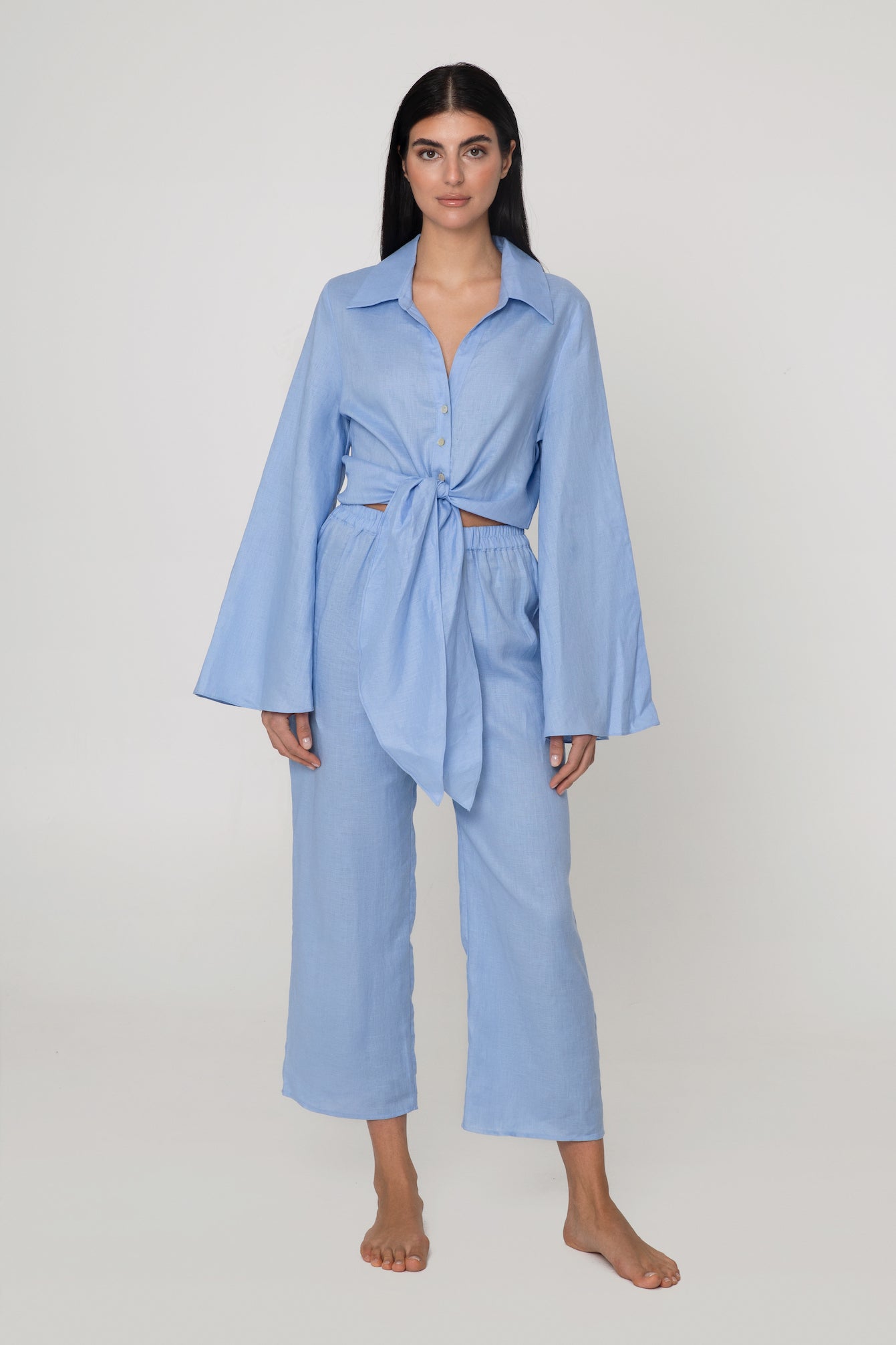 Resort wear Linen set blue linen shirt linen pants blå linneset linnebyxor linne skjorta